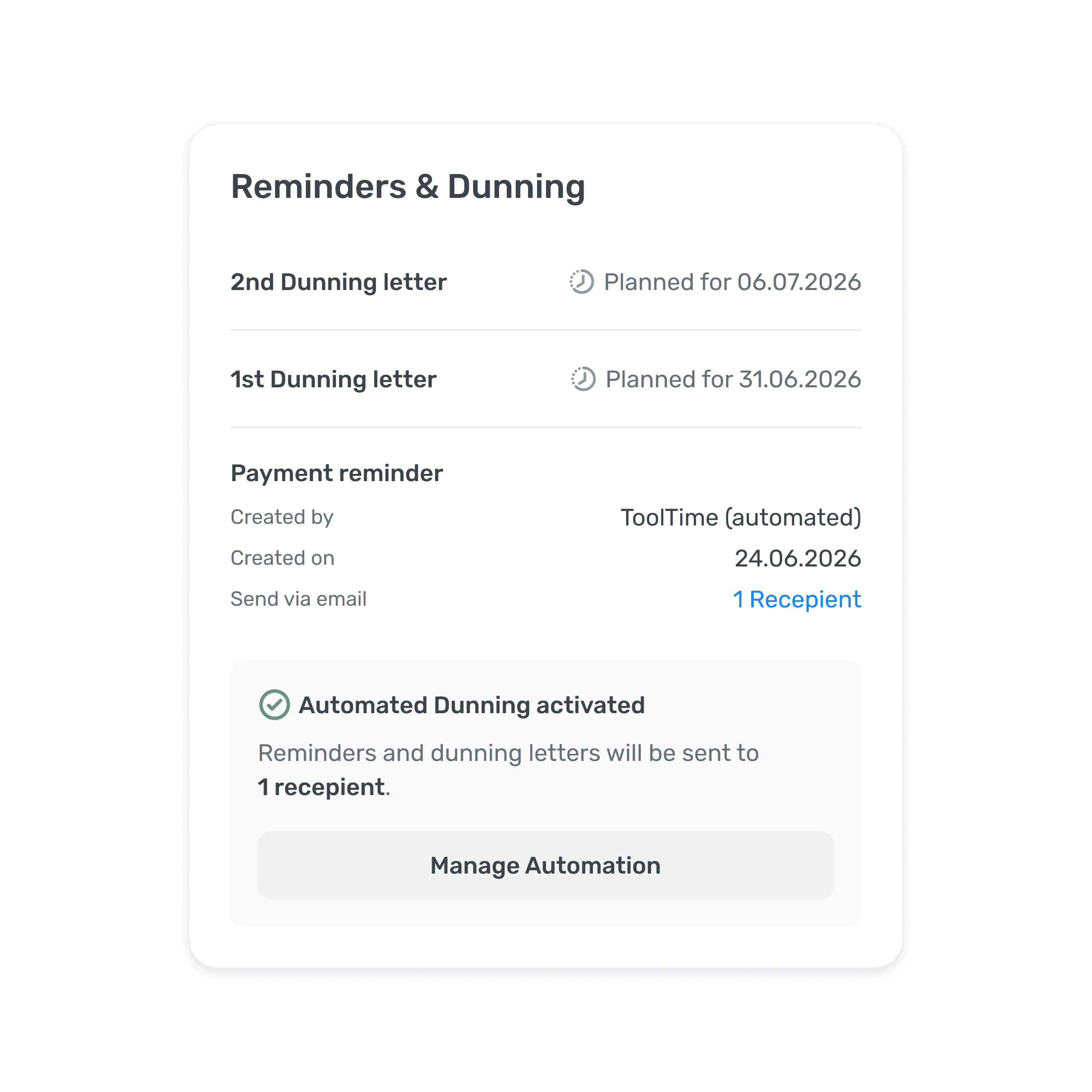 Sidebar card showing upcoming dunning stages and send dates