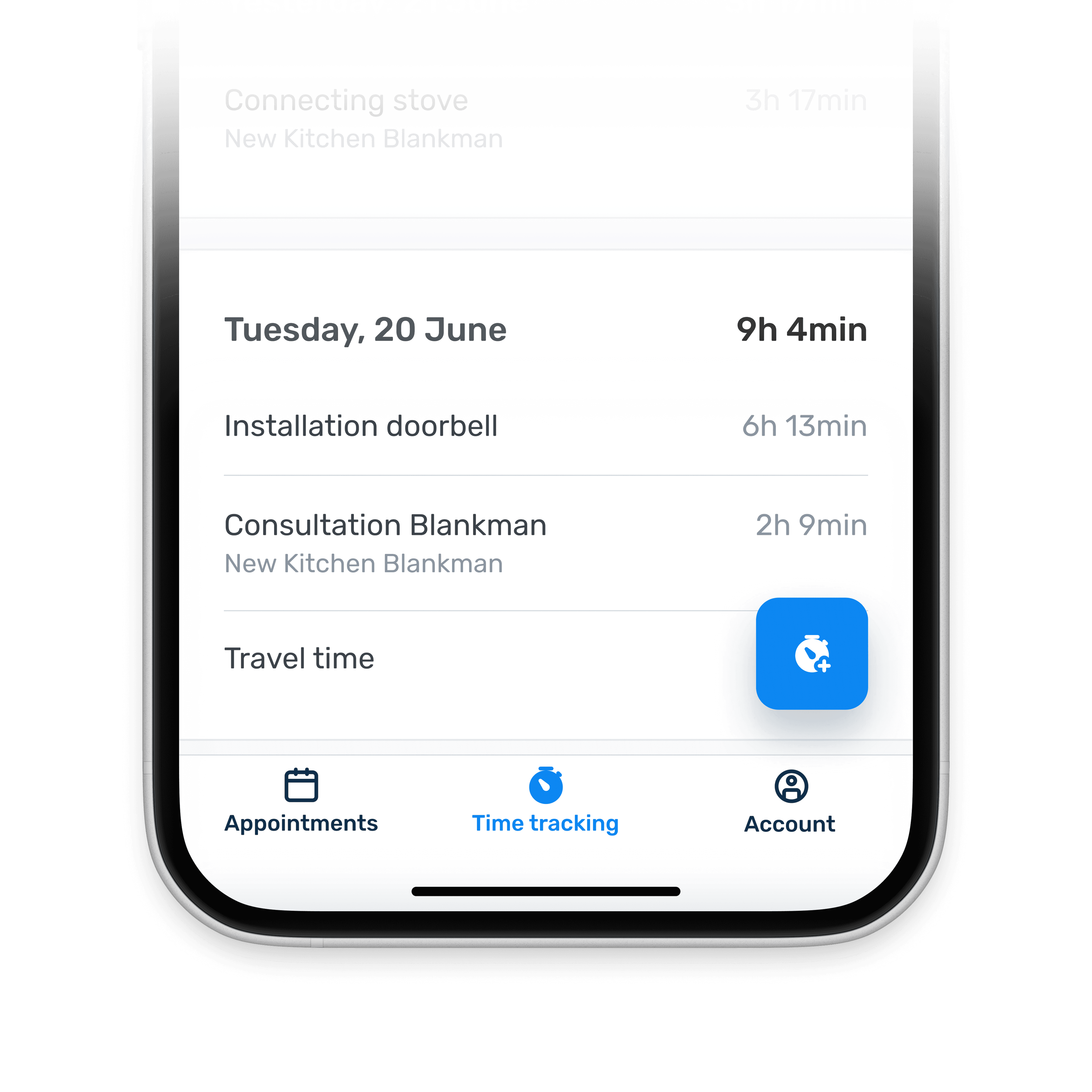 Bottom navigation bar creating space for time tracking