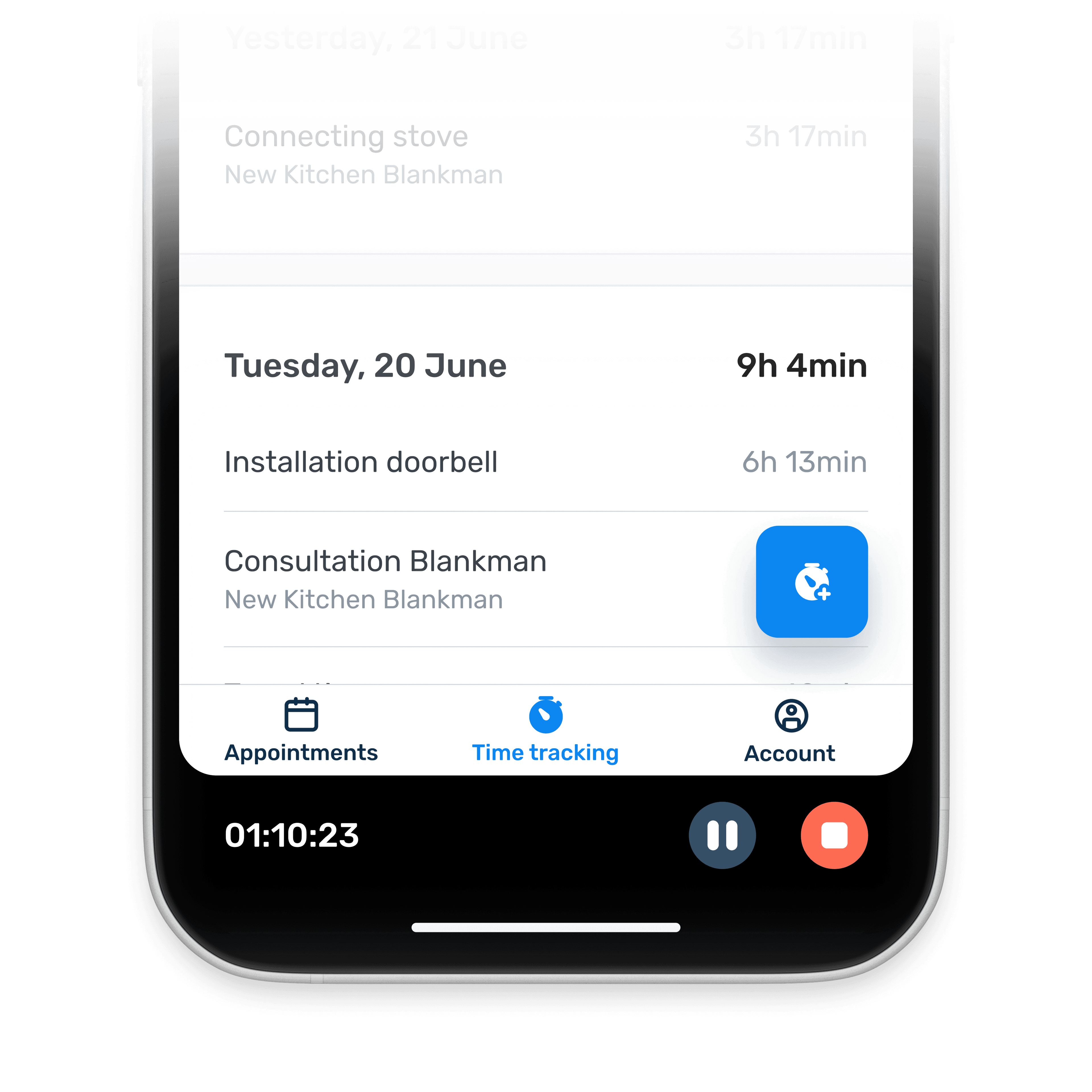 Stopwatch interface showing active time tracking