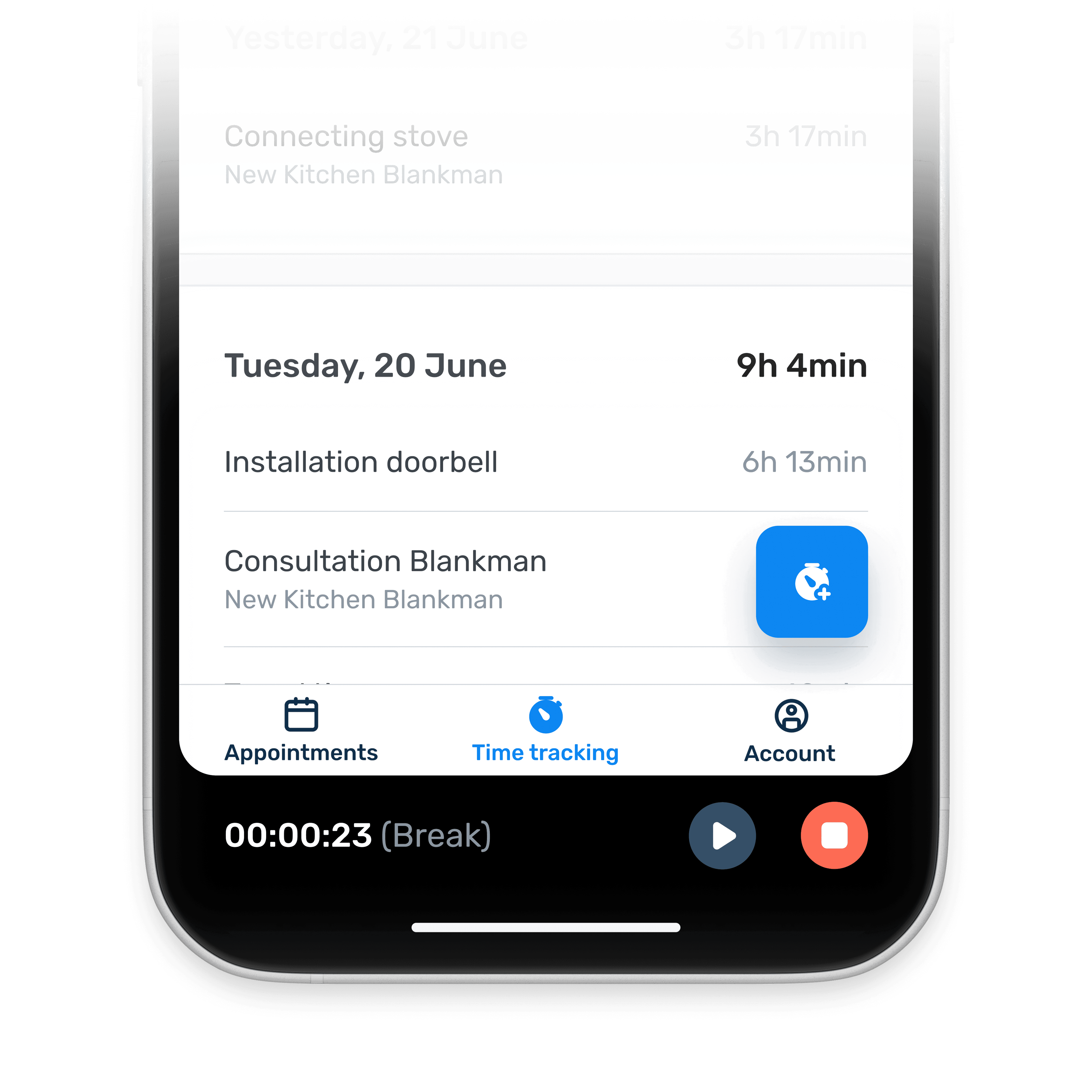 Stopwatch interface in break mode