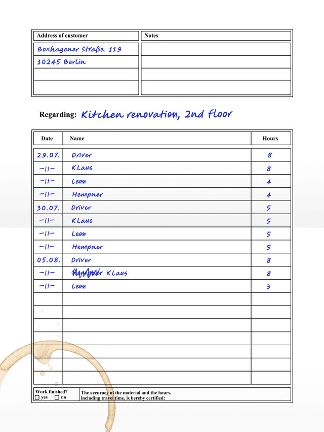 Second example of a paper timesheet from research