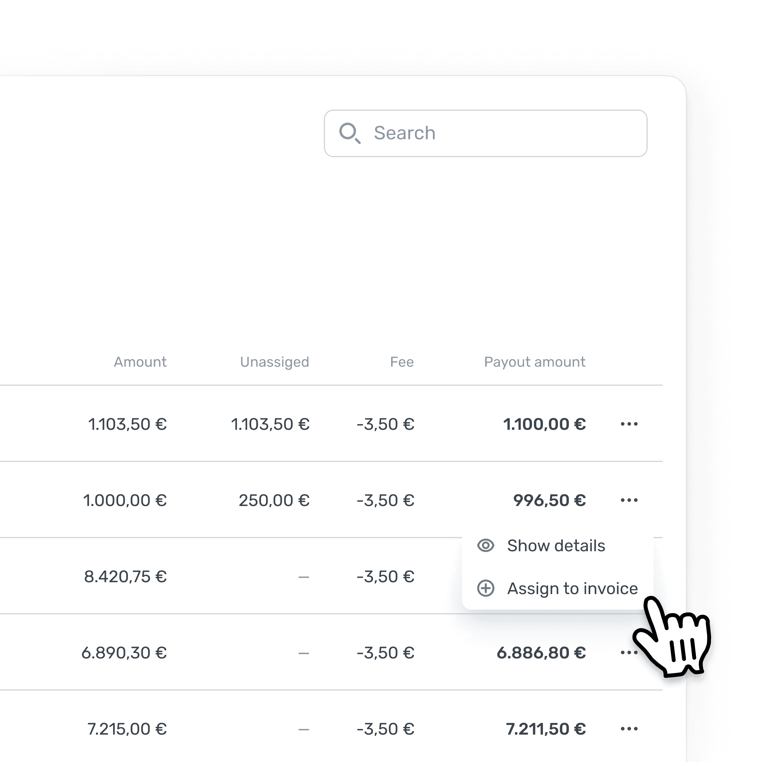 Transaction list with Not Yet Assigned column showing outstanding amounts