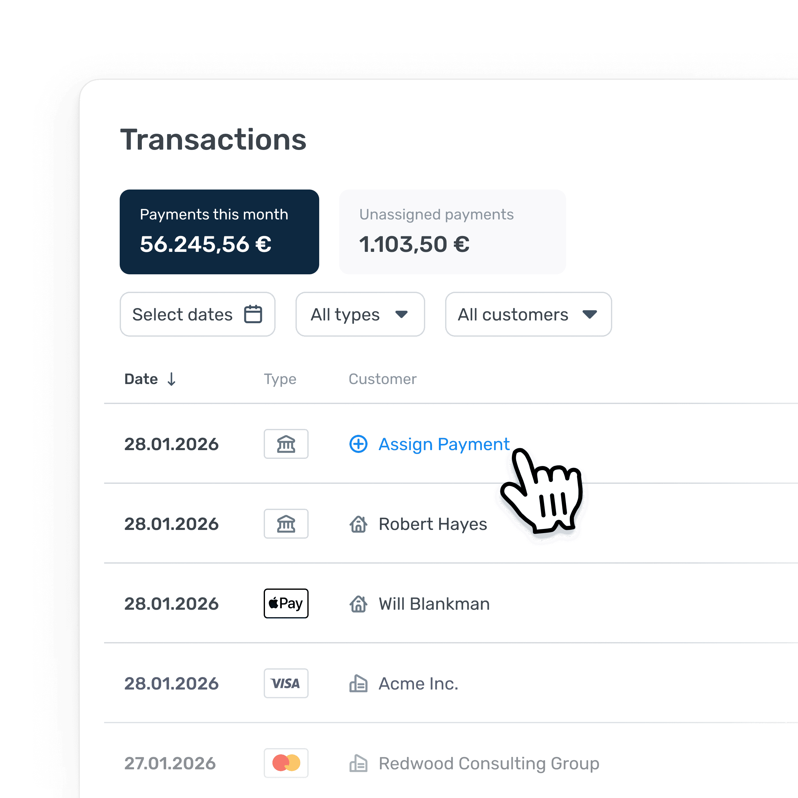 Transaction list with Assign Payment button for unmatched payments